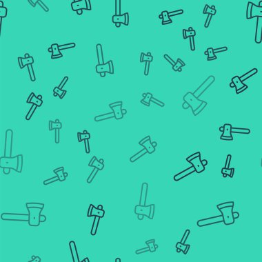 Siyah çizgi tahta balta ikonu yeşil arka planda izole edilmiş pürüzsüz desen. Oduncu baltası. Vektör.