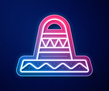 Parlayan neon hattı mavi arka planda izole edilmiş geleneksel Meksika sombrero şapka ikonu. Vektör.