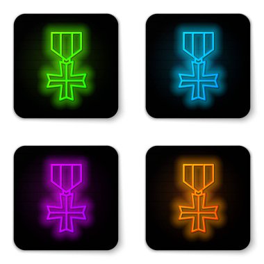 Parlayan neon hattı askeri ödül ikonu beyaz arka planda izole edildi. Ordu işareti. Siyah kare düğme. Vektör.
