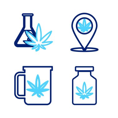 Tıbbi şişeyi marihuana kupası çay yeri ve test tüpü ikonu ile ayarla. Vektör.