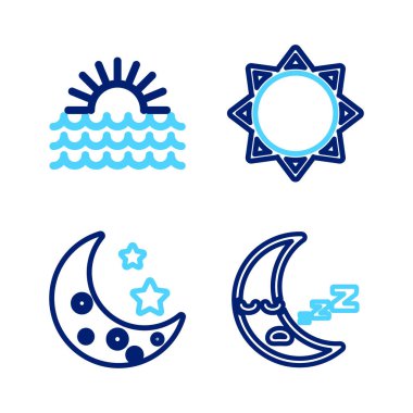 Ay çizgisi simgesi ve yıldızlar Güneş ve Günbatımı simgesi. Vektör.