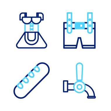 Bira ve Fransız baget ekmeği Lederhosen ve kadın dirndl ikonu kostümü. Vektör.