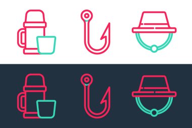 Kamp şapkası, termos kabı, bardak ve balık oltası ikonunu ayarla. Vektör.