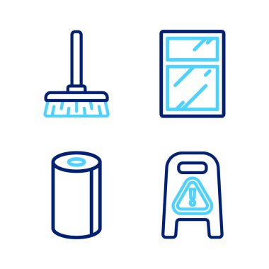 Sırayı ıslak zemin ve temizleme aşamasında pencereler ve süpürge simgesi için kağıt havlu rulo temizleme servisi ayarlayın. Vektör.