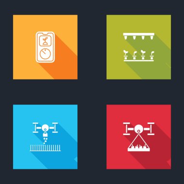 Akıllı tarım teknolojisi, otomatik sulama fıskiyeleri, İHA ve ikon ile ayarlayın. Vektör.