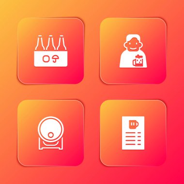 Bira şişesi seti, mutlu adam rafta tahta fıçı ve bira menüsü ikonu. Vektör.