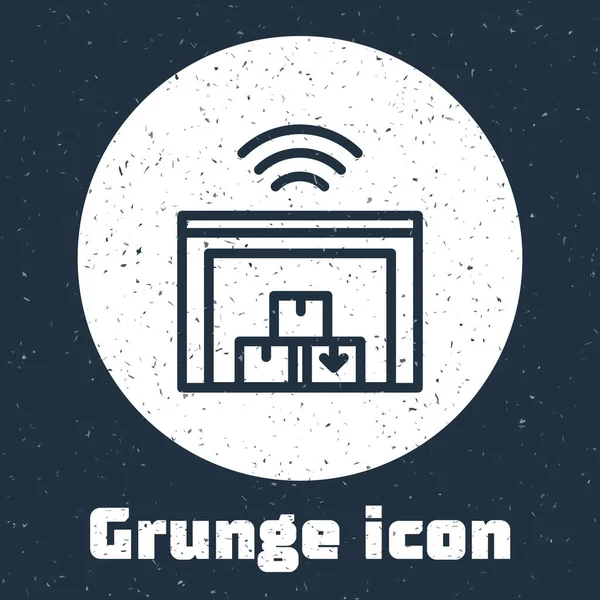 Grunge Line Smart Warehouse System Icon Isoliert Auf Grauem Hintergrund — Stockvektor