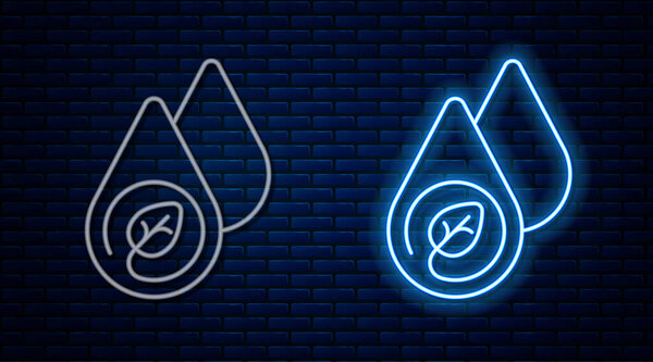 Glowing neon line Water energy icon isolated on brick wall background. Ecology concept with water droplet. Alternative energy concept. Vector.