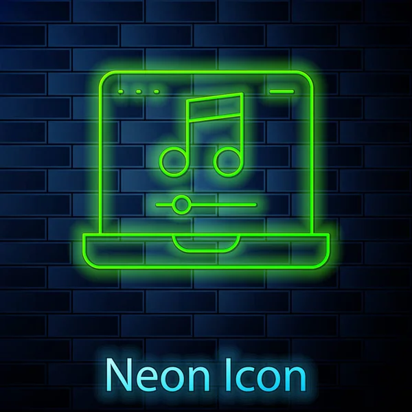 Ragyogó Neon Vonal Laptop Zenei Jegyzet Szimbólum Képernyőn Ikon Elszigetelt — Stock Vector