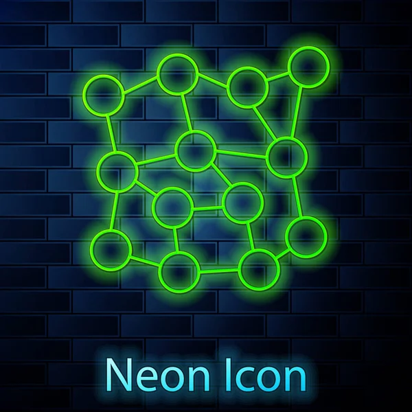 Linea Neon Incandescente Icona Rete Neurale Isolata Sfondo Muro Mattoni — Vettoriale Stock