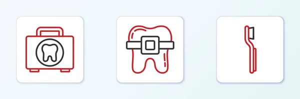 Набор Зубной Щетки Набор Первой Помощи Зубы Значок Брекетов Вектор — стоковый вектор