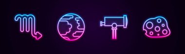 Scorpio Zodiac, Merkür Gezegeni, Teleskop ve Asteroid hattını ayarlayın. Parlayan neon ikonu. Vektör.