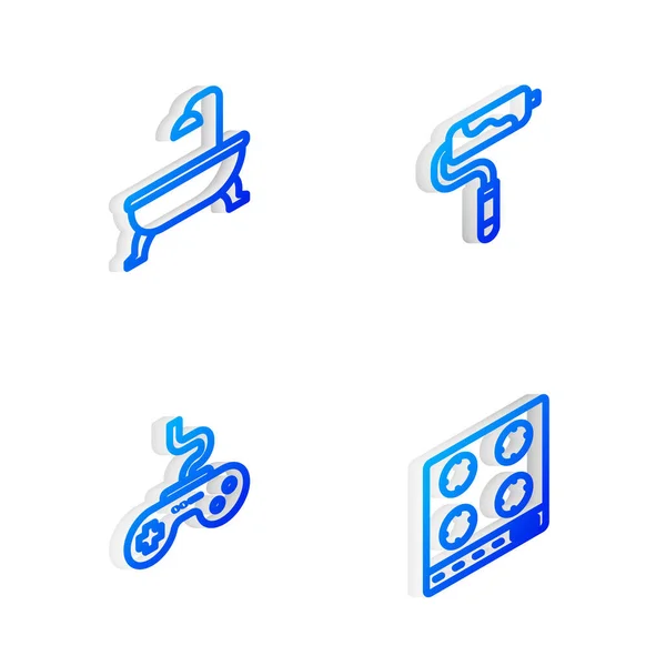 Set Isometrische Linie Paint Rollerpinsel Badewanne Gamepad Und Gasherd Symbol — Stockvektor