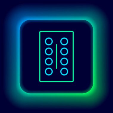 Parlayan neon çizgisi hapları siyah arka planda izole edilmiş. İlaç paketi. Tablet, vitamin, antibiyotik, aspirin. Renkli taslak konsepti. Vektör.