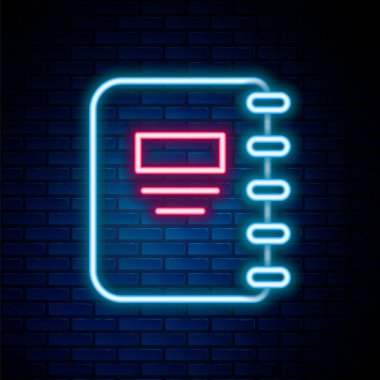 Parlayan neon hattı Not Defteri simgesi tuğla duvar arka planında izole edildi. Spiral not defteri simgesi. Okul defteri. Yazı tahtası. Okul günlüğü. Renkli taslak konsepti. Vektör.
