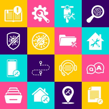 Dosya servisi Sorgulama ve Cevap Evi Scooter Stop virüs bakterisi ilginç gerçekler ve dizin simgesi ayarla. Vektör.