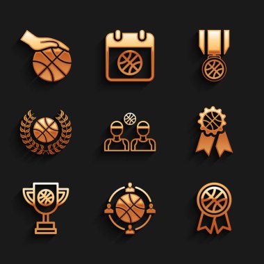 Basketbolcular için strateji planlaması ödülü kupası basketbol madalyası ve El ikonu. Vektör.