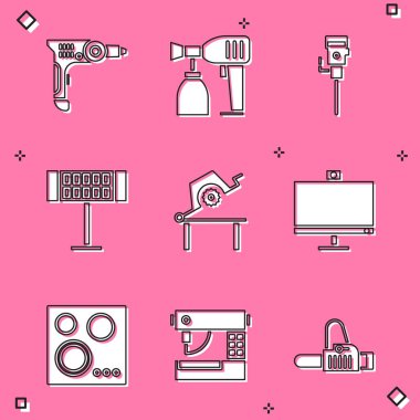 Elektrikli matkap makinası sprey tabanca inşaat matkabı ısıtıcısı masa testeresini ahşap işçiliği ve bilgisayar monitörü simgesi için ayarla. Vektör.