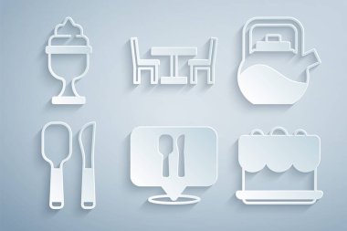 Kafe ve restoran yerini ayarla. Kettle 'ın sapı Bıçaklı Kek kaşık Tahta Masa Sandalyesi ve Kase ikonunda dondurma. Vektör.