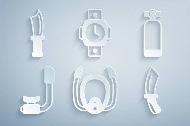 Dalış maskesini Aqualung Şnorkel bıçak saati ve ikonu ile ayarlayın. Vektör.