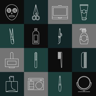 Yuvarlak makyaj aynası, şampuan kaş cımbızı, yüz makyajı maskesi ve saç maşası ile sıvı sabun şişesi makyaj tozu koyun. Vektör.