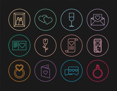 Pırlanta nişan yüzüğü Mobil 'de kalp cam çiçek sevgililer günü broşürü resim çerçevesi zarf ve kalp ikonu. Vektör.