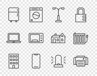 House Printer Sokağı 'ndaki akıllı telefon ısıtıcısı mikrodalga fırın flaş sirenini ve ısıtma radyatörü ikonunu ayarla. Vektör.