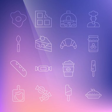 Ev yapımı turtalı dondurma kavanozu, Brick Brick marka soba parçalı kek kaşığı, çırpılmış yumurta ve Kruvasan ikonu. Vektör.