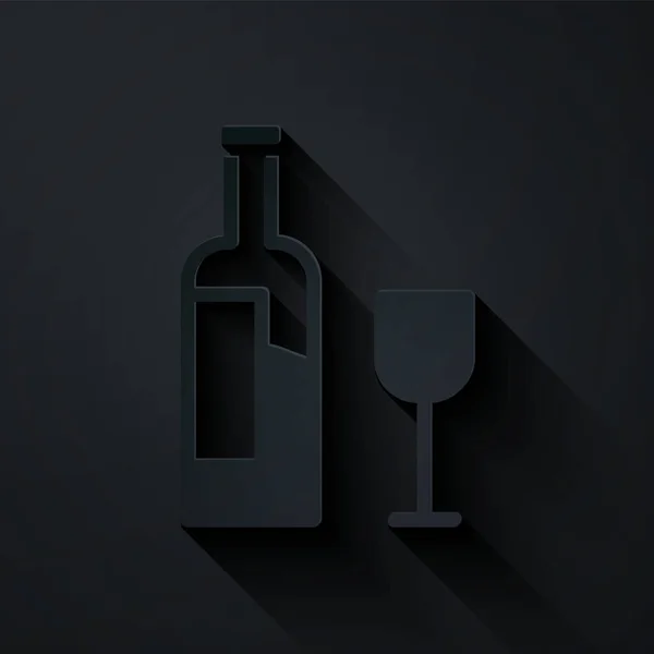 纸切葡萄酒瓶与玻璃图标隔离在黑色背景 造纸艺术风格 — 图库矢量图片