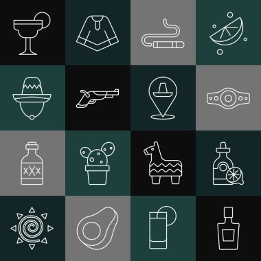 Limonlu tekila şişesi, limon güreşi kemeri, puro antika tabancalar Meksika sombrero Margarita kokteyli ve ikonu. Vektör.