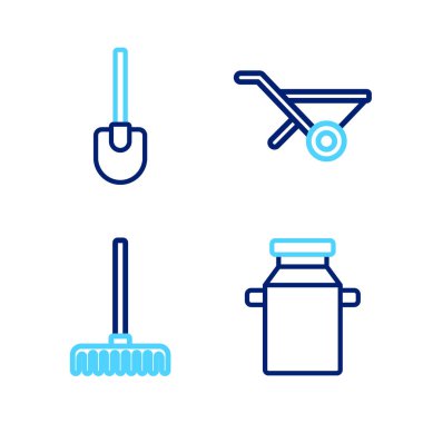 Süt bahçesi tırmığı, el arabası ve kürek ikonu için konteynır ayarla. Vektör.