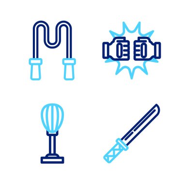 Japon Katana Kum Torbası Boks Eldivenleri ve Zıplama İkonları. Vektör.