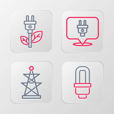 Hat LED ampul elektrik kulesi prizini ayarla ve yaprak simgesinde kaydet. Vektör.