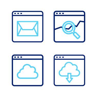 Hat Cloud 'u hisse senedi piyasası ve posta ikonu ile birlikte teknoloji veri transferi web sitesine ayarla. Vektör.