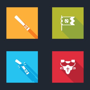 Beyzbol sopası, beyzbollu bayrak, kırık ve oyuncu göğüs koruyucusu ikonu. Vektör.