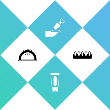 Manikür lambası, el kremi tüpü, manikür için değirmen makası ve sahte tırnak ikonu. Vektör.