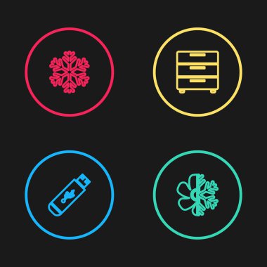 USB flaş bellek, klima, mobilya sehpası ve kar tanesi ikonu. Vektör.