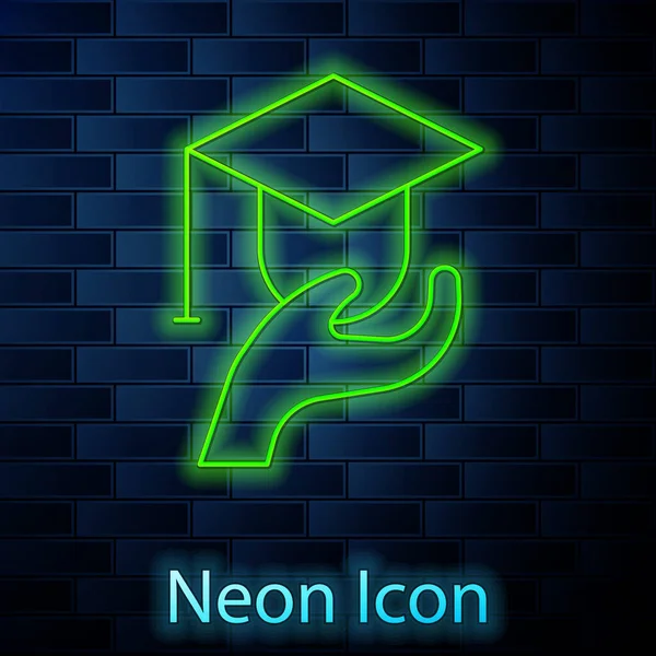 Glowing Neon Line Education Grant Icon Isolated Brick Wall Background — стоковый вектор