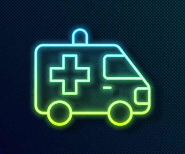 发光霓虹灯线救护车和紧急汽车图标隔离在黑色背景 救护车车辆医疗后送 — 图库矢量图片