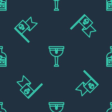 Ahşap korsan bacağı, kafataslı korsan bayrağı ve alkolsüz rom şişesi. Vektör.