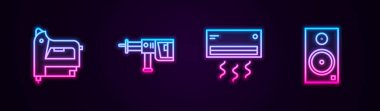 Elektrik inşaat zımbası, döner çekiç matkabı, klima ve hoparlör ayarlayın. Parlayan neon ikonu. Vektör.