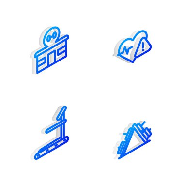 Isometric hattı kalp atış hızı, jimnastik salonu, koşu bandı makinesi ve ağırlık ikonlu metal raf ayarlayın. Vektör.