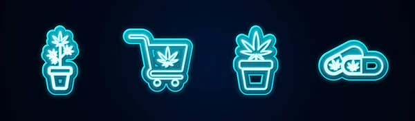 Ställ Linje Marijuana Växt Kruka Shopping Vagn Med Marijuana Och — Stock vektor