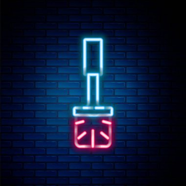 Parlayan neon hattı tuvalet fırçası ikonu tuğla duvar arkasında izole edilmiş. Renkli taslak konsepti. Vektör.