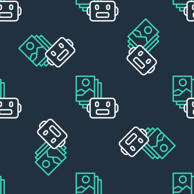 Çizgi Yapay Zeka robot simgesi siyah arkaplandaki kusursuz deseni izole etti. Makine öğrenme, bulut hesaplama. Vektör.