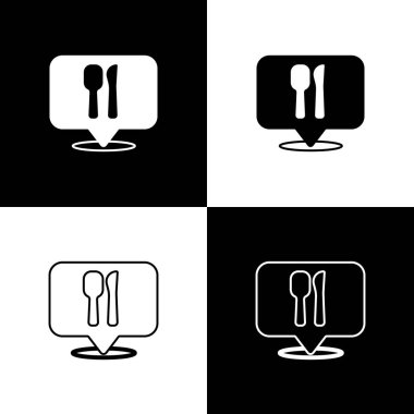 Kafe ve restoran konumu simgesini siyah beyaz arkaplanda ayır. Noktanın içinde çatal ve kaşık yeme işareti var. Vektör..