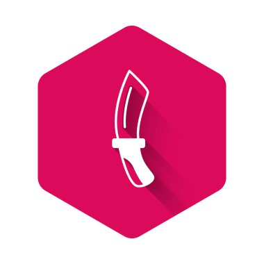 Uzun gölgeli beyaz dalış bıçağı ikonu izole edildi. Pembe altıgen düğmesi. Vektör.