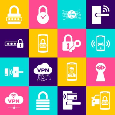 Akıllı araba güvenlik sistemi anahtar deliğini VPN mikroçip devresi mobil, şifre ve parola koruma simgesiyle ayarla. Vektör.