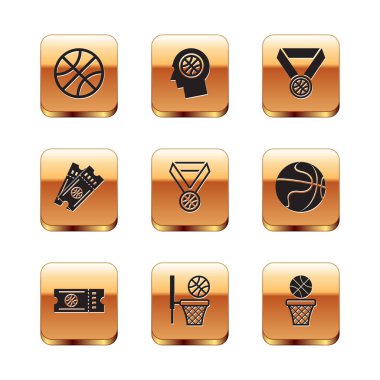 Basketbol maçı bileti, basket madalyası ve basketbol ikonu üzerine düşünceleri ayarlayın. Vektör.