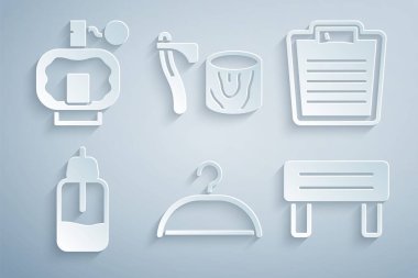 Askı gardırobu, banyo odası, ağaç kütüğü ve tıraş losyonu ikonuna sauna tezgahı ve ahşap baltayı esas yağ şişesi terazisi olarak ayarla. Vektör.